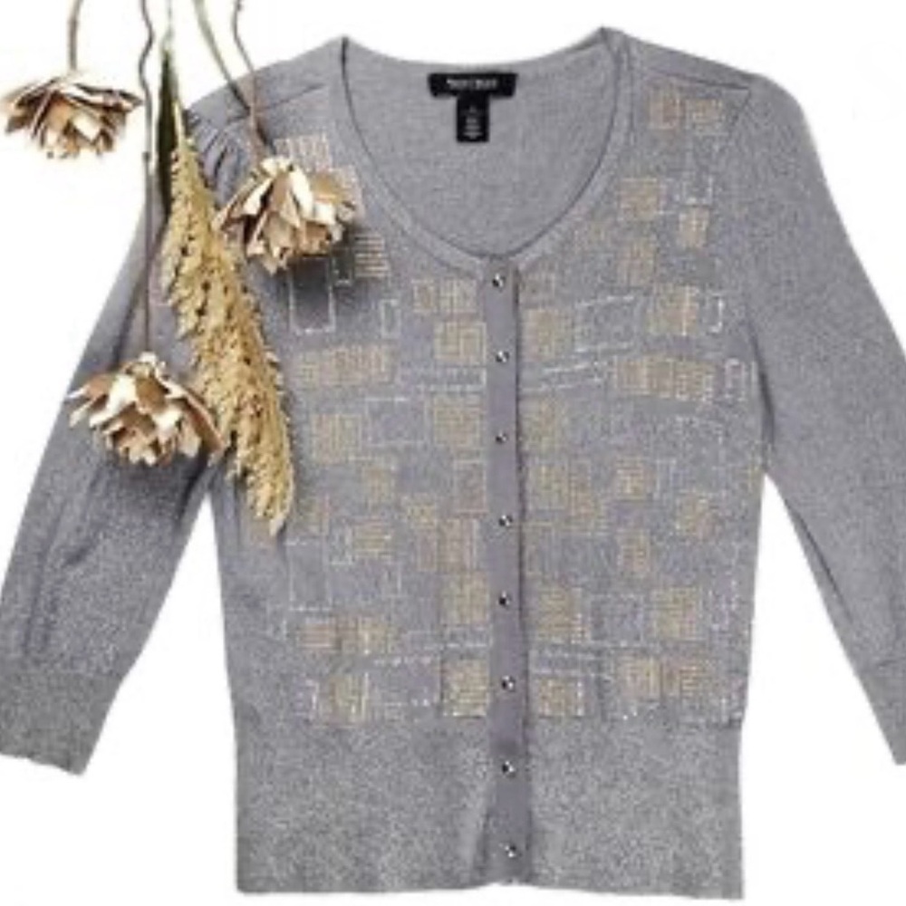 White House Black Market Gray Snap Cardigan with Gold and Silver Accents M